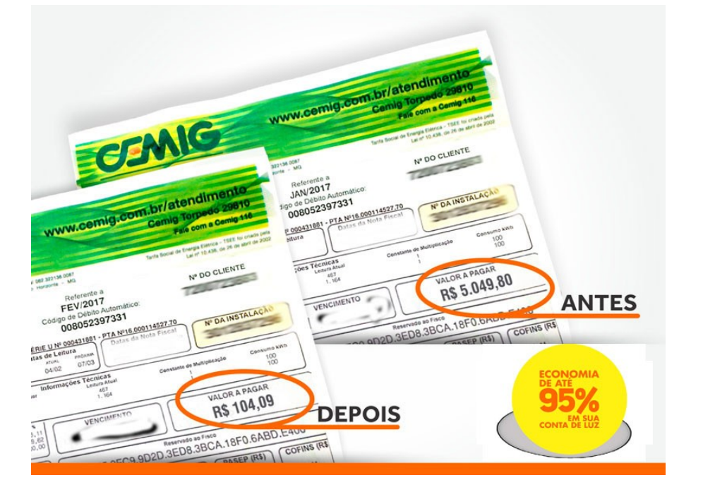 Comparativo real antes e depois da conta de energia elétrica com economia de até 95%
